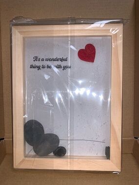 Framed Heart & Pebble Shadow Box - Natural Wood, Red Accent